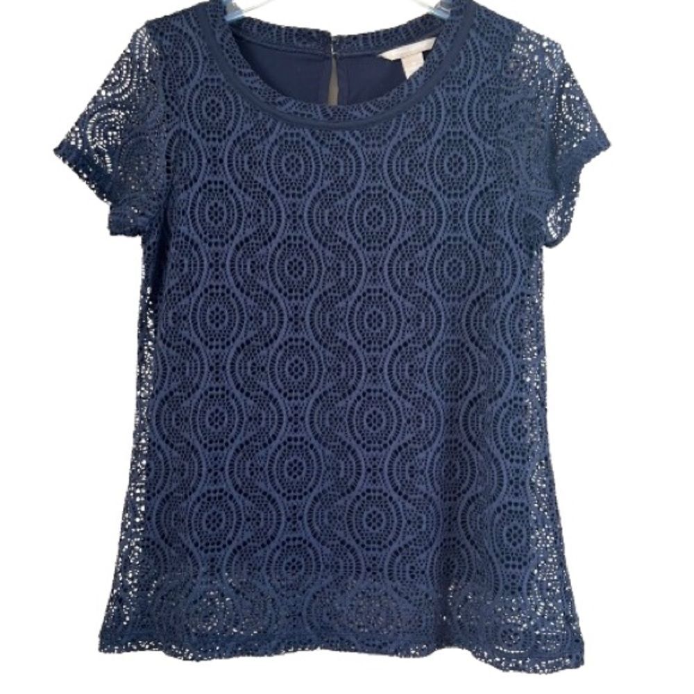 Banana Republic Navy Lace Overlay Cap Sleeve Dark Academia Whimsygoth Blouse M